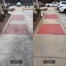 Before and after cleaning of ADA tactile warning mats on a commercial sidewalk ramp, faded mats restored to bright red in Allen, TX