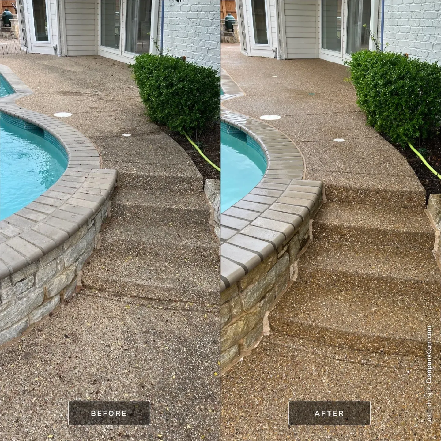 Before and after cleaning of an exposed aggregate pool deck and steps, stains lifted for a uniform finish in Frisco, TX
