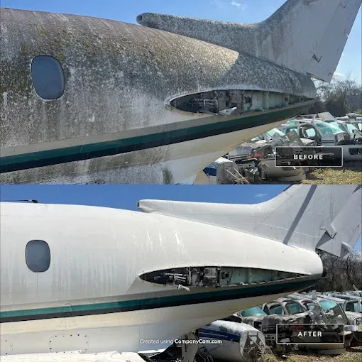 Before and after washing the exterior of a private aircraft in Dallas, TX