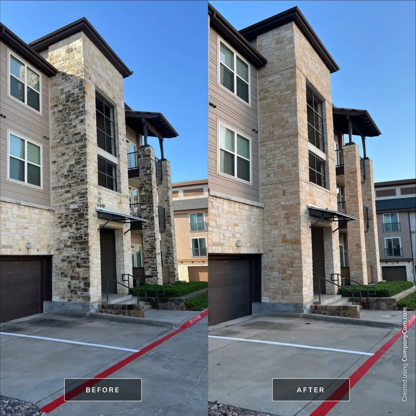 Before and after soft washing of a stone veneer tower on a three story apartment building, black organic staining fully removed in Frisco, TX