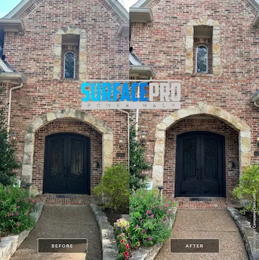 Before and after soft washing a brick home exterior and entry in Plano, TX