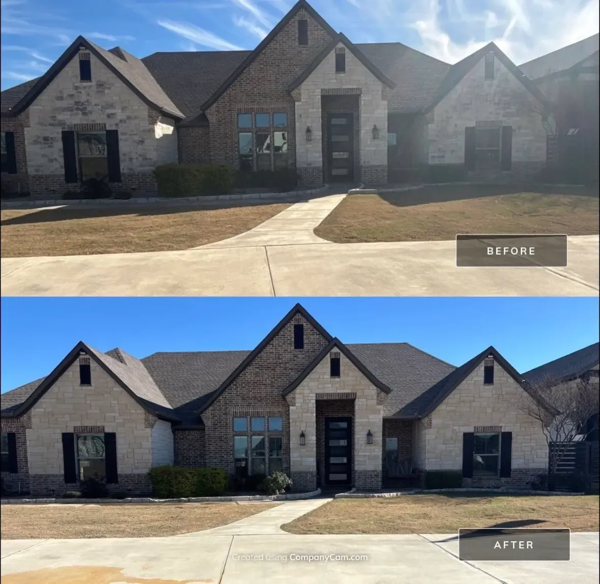 Before and after soft wash of a brick and limestone home front elevation with cleaned stone in Plano, TX