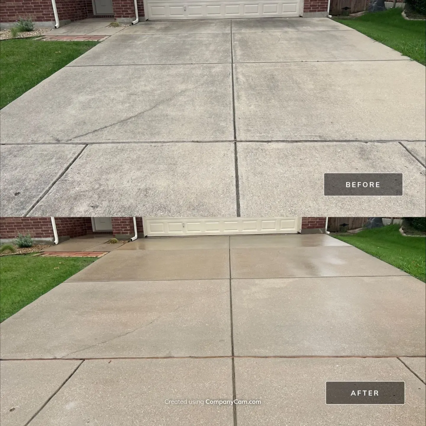 Before and after concrete driveway pressure washing at a brick home with a white garage door in McKinney, TX