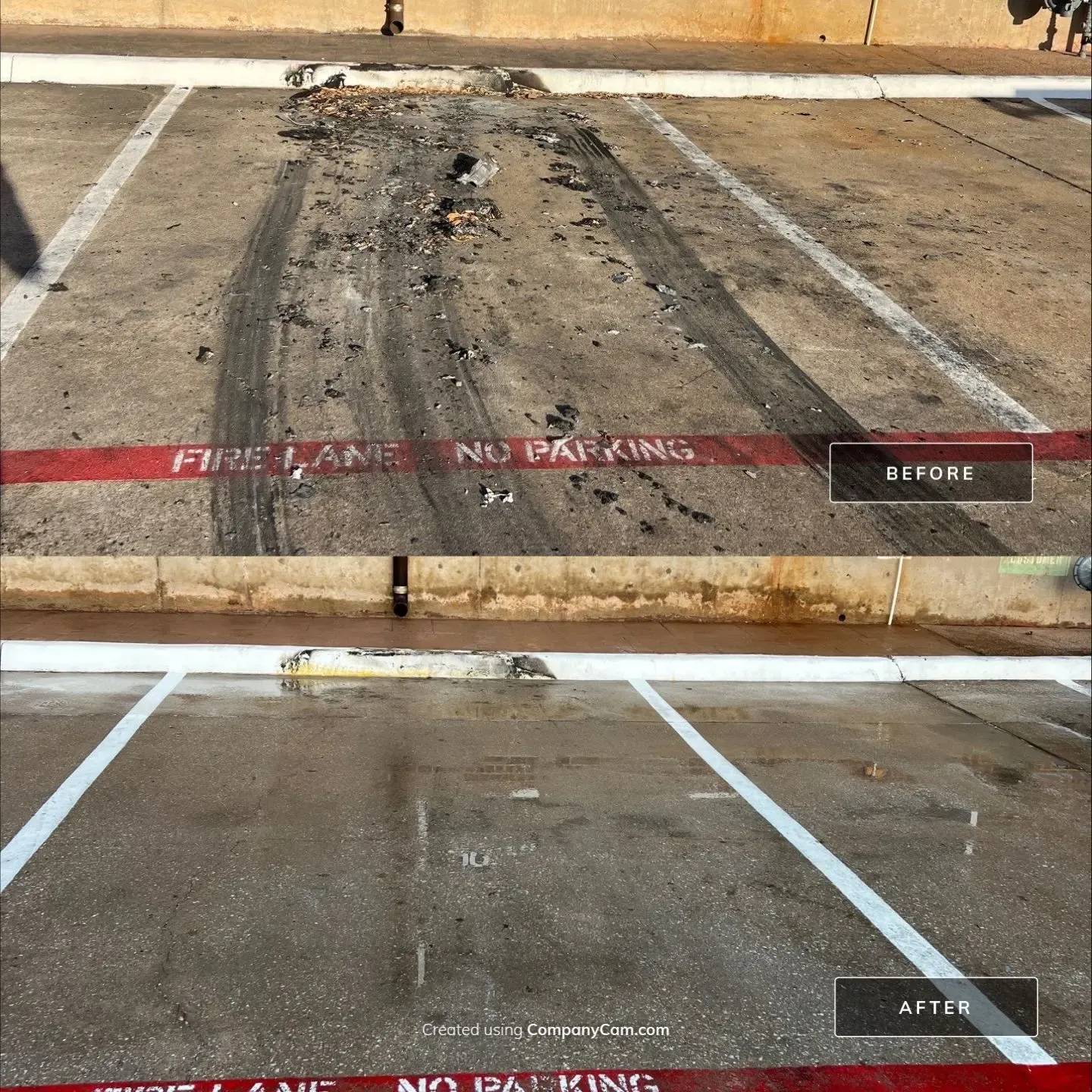 Before and after cleanup of a fire lane parking stall, burnt debris and tire residue fully removed from the concrete in Allen, TX