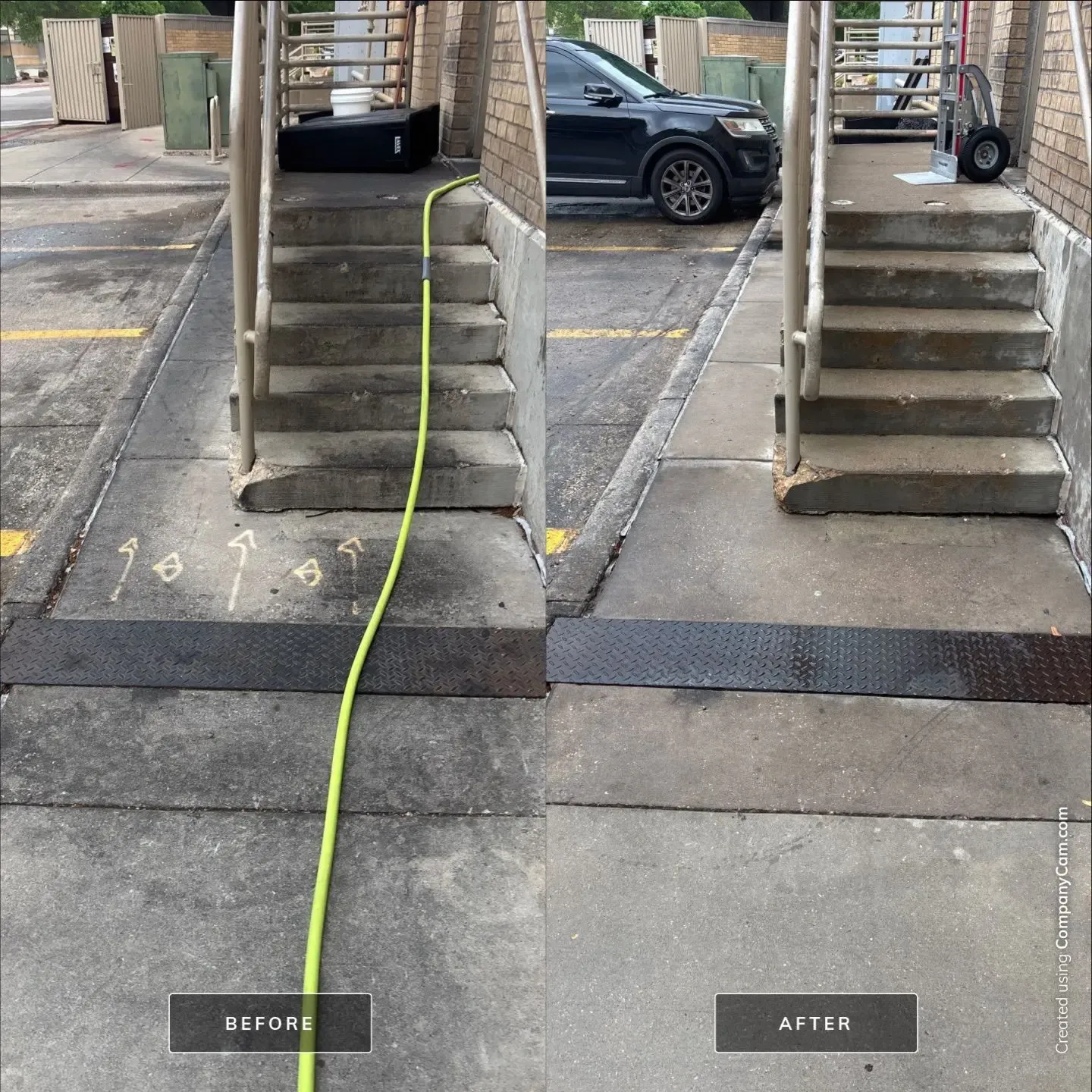 Before and after cleaning of commercial concrete steps and sidewalk, built-up grime removed from treads and walkway in Allen, TX