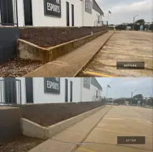 Before and after of a stained commercial curb and sidewalk restored by pressure washing in McKinney, TX