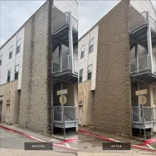 Before and after cleaning of dark organic staining on a split face concrete block stairwell wall at an apartment building in Frisco, TX