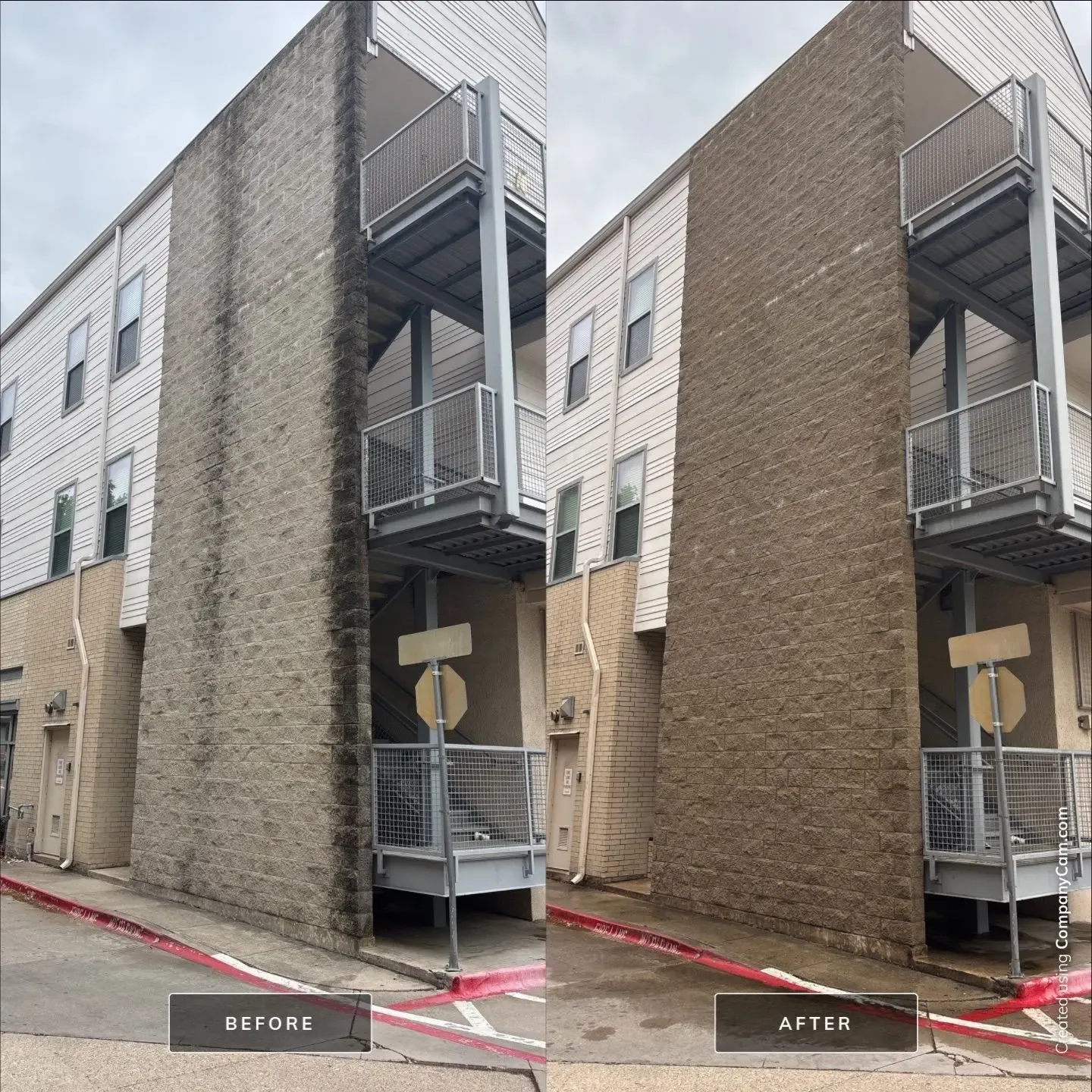 Before and after cleaning of dark organic staining on a split face concrete block stairwell wall at an apartment building in Frisco, TX