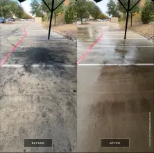 Before and after pressure washing of covered parking stalls, heavy black grime removed from the concrete in Dallas, TX