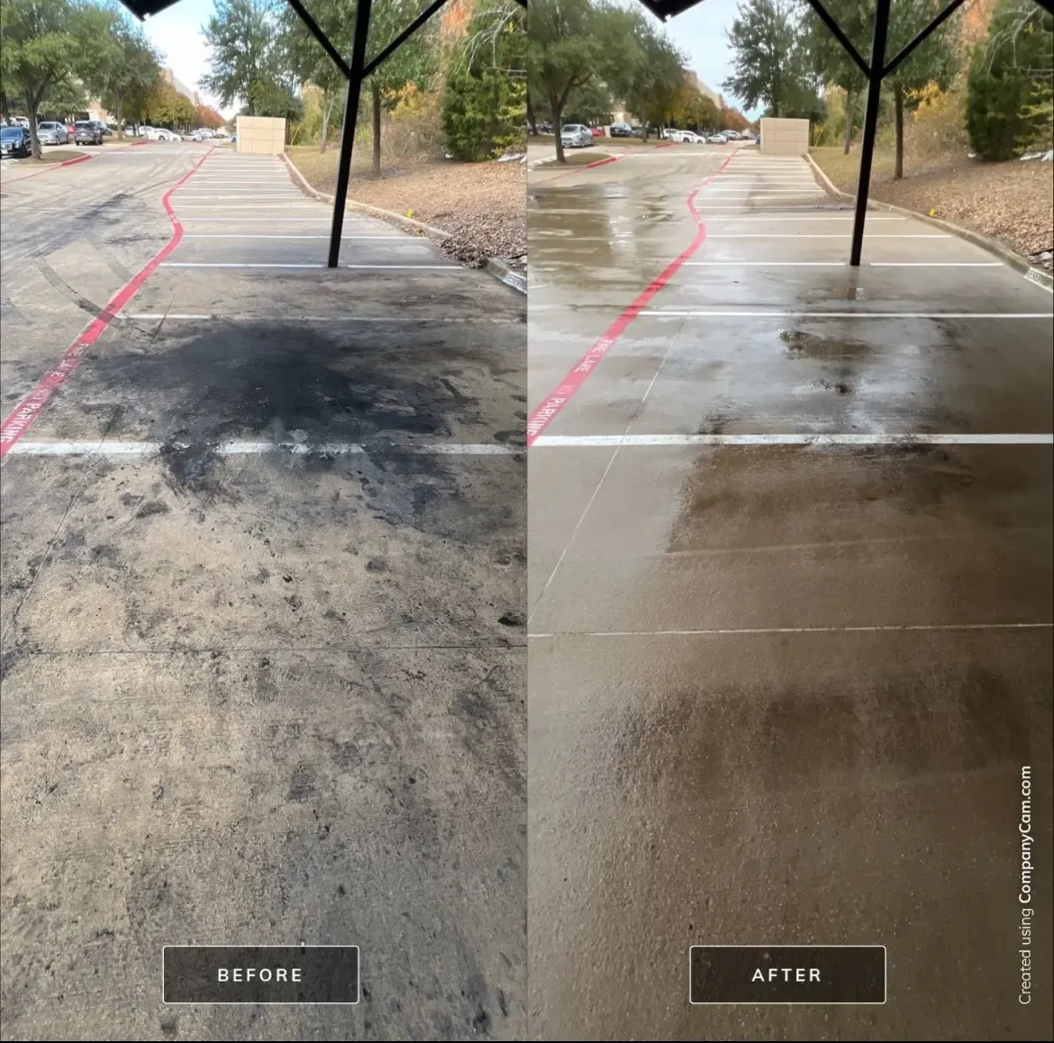 Before and after pressure washing of covered parking stalls, heavy black grime removed from the concrete in Dallas, TX