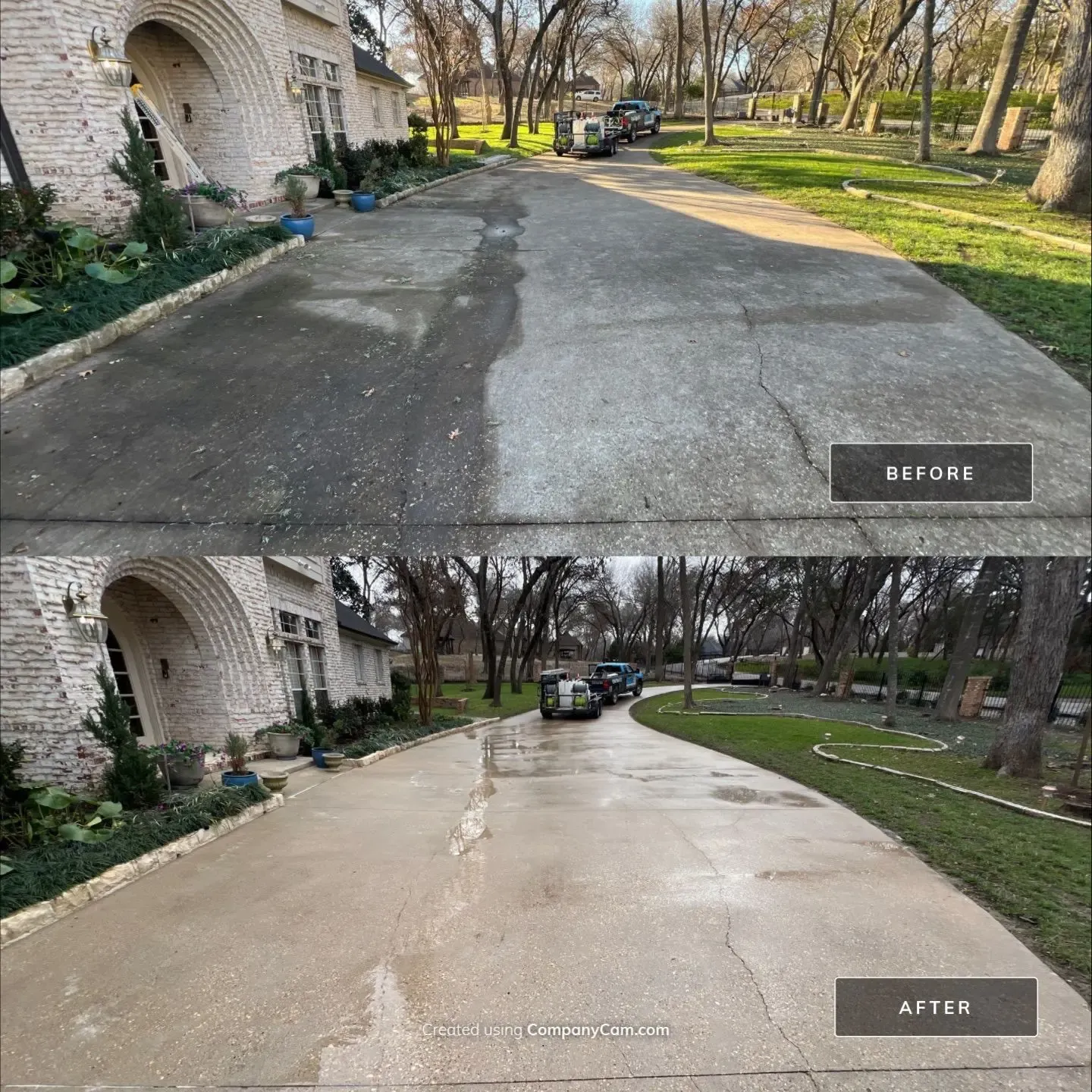 Before and after pressure washing of a long curved concrete driveway at a whitewashed brick home in McKinney, TX