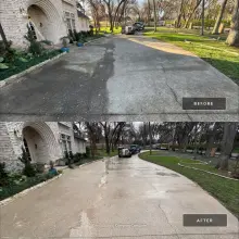 Before and after pressure washing of a long curved concrete driveway at a whitewashed brick home in McKinney, TX