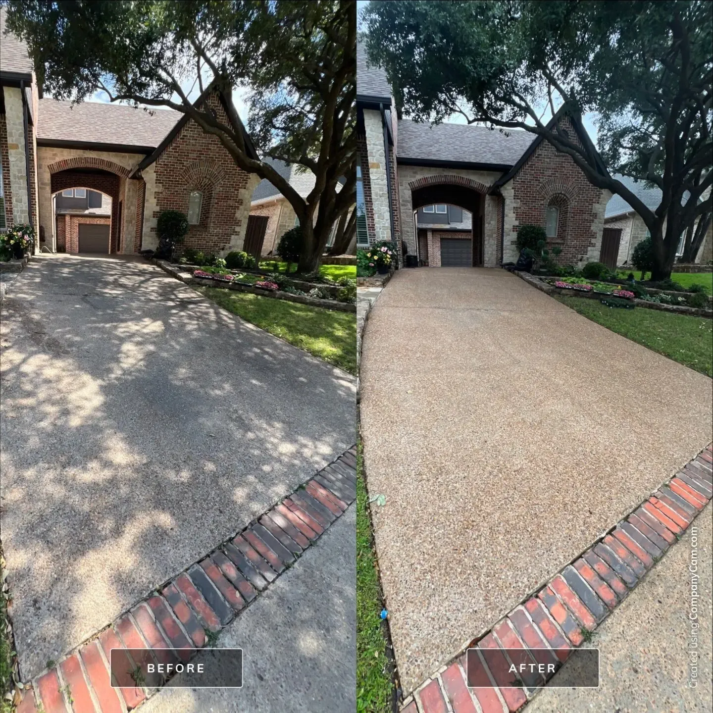 Before and after exposed aggregate driveway cleaning with a brick border at a brick and stone home in Dallas, TX
