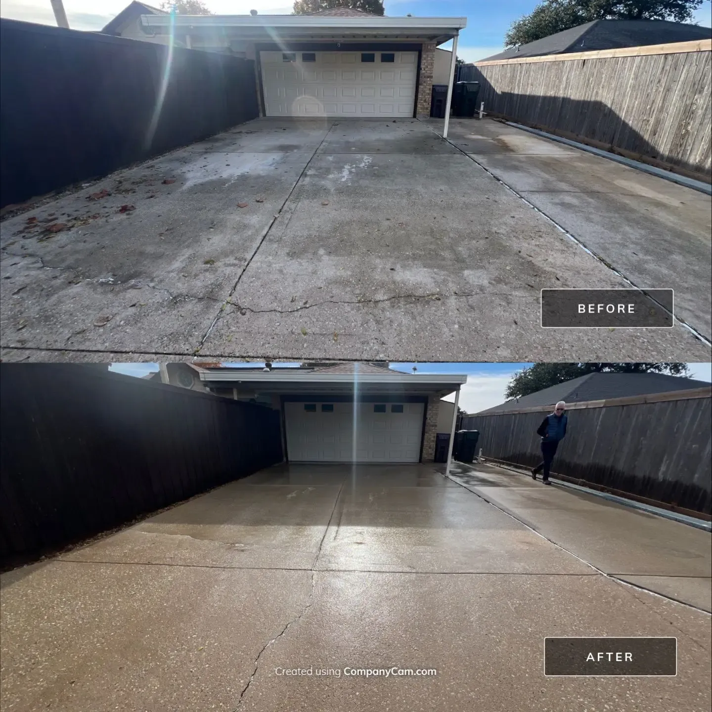 Before and after pressure washing of a long fenced concrete driveway leading to a garage in McKinney, TX
