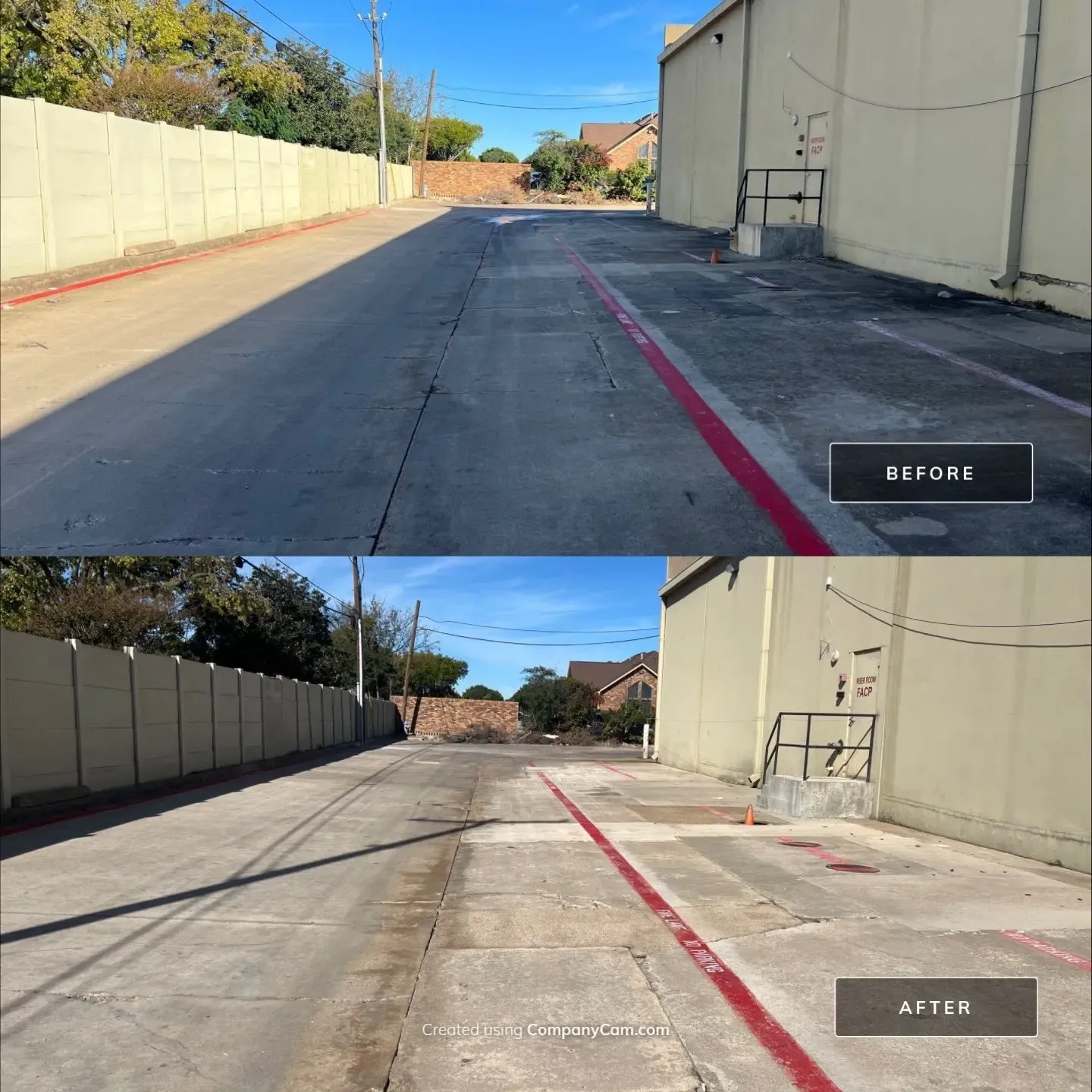 Before and after pressure washing of a commercial fire lane, blackened concrete drive restored to clean light pavement in Dallas, TX