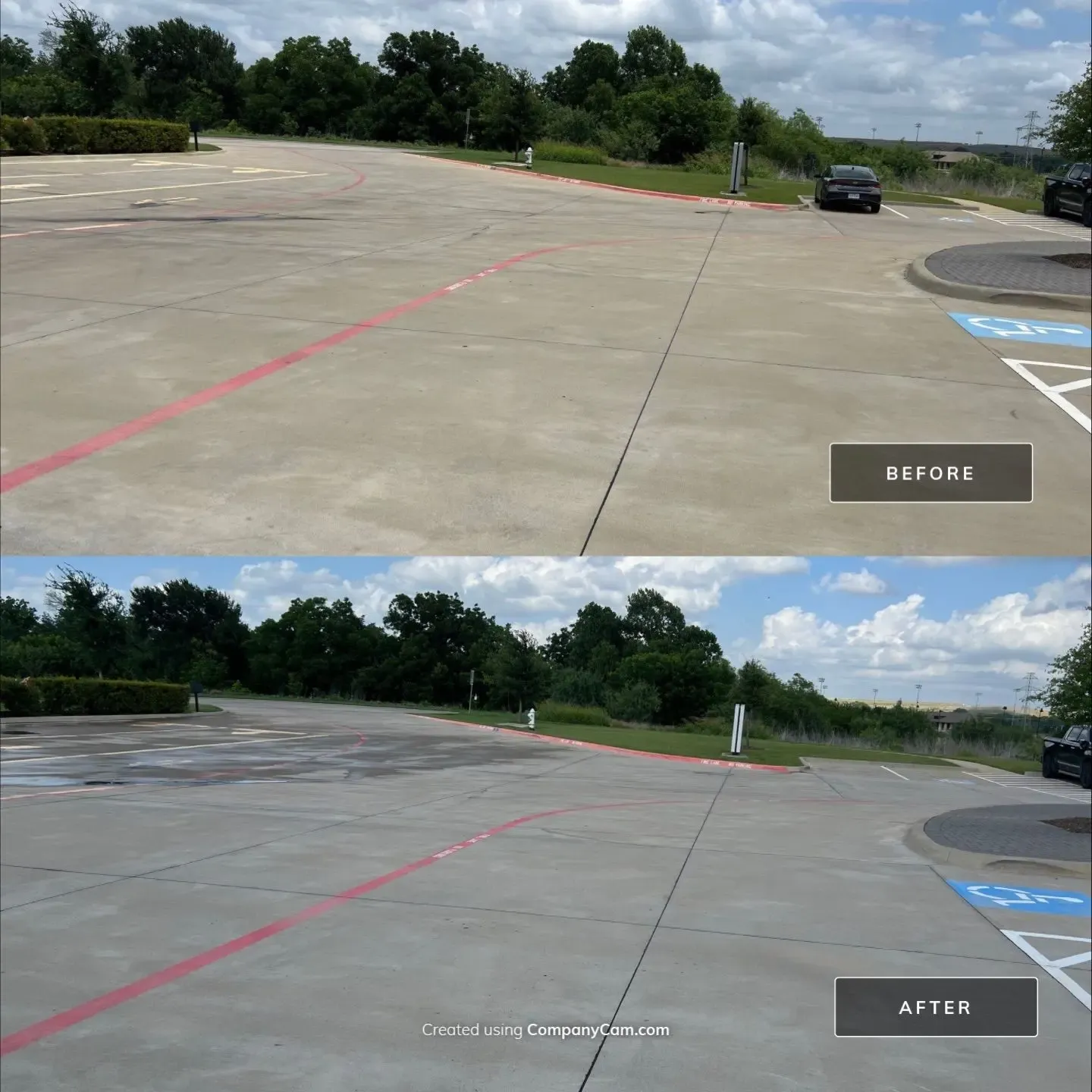 Before and after pressure washing of a wide concrete commercial parking lot with a red fire lane stripe in Allen, TX