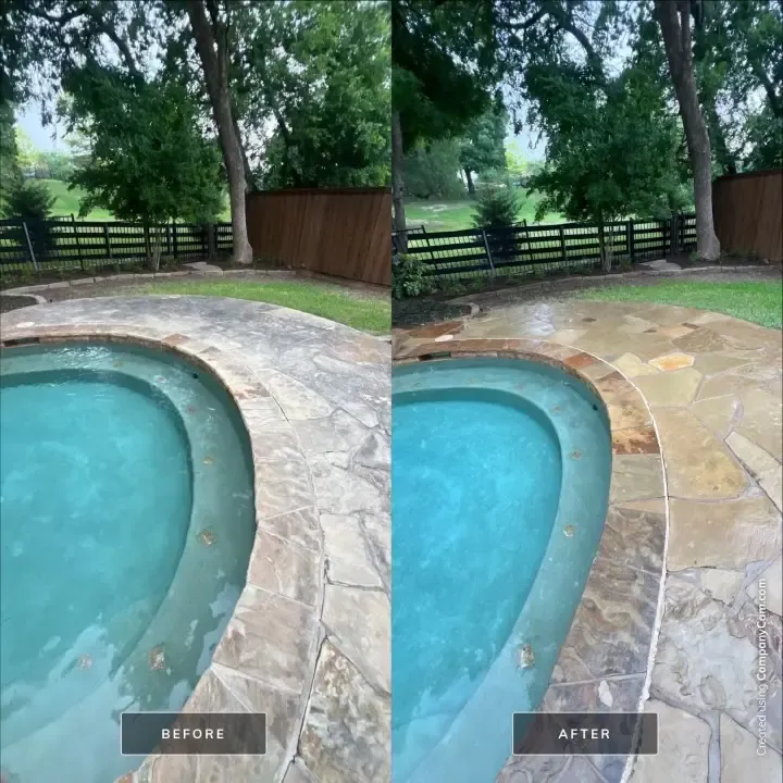 Before and after cleaning of a flagstone pool deck around a spa, buildup removed to restore natural stone color in McKinney, TX