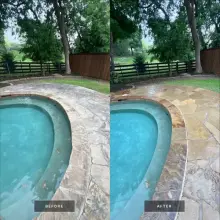 Before and after cleaning of a flagstone pool deck around a spa, buildup removed to restore natural stone color in McKinney, TX