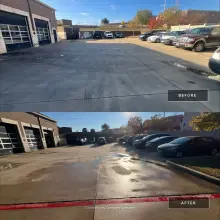 Before and after pressure washing of a concrete parking apron outside commercial garage bays, surface stains removed in Frisco, TX