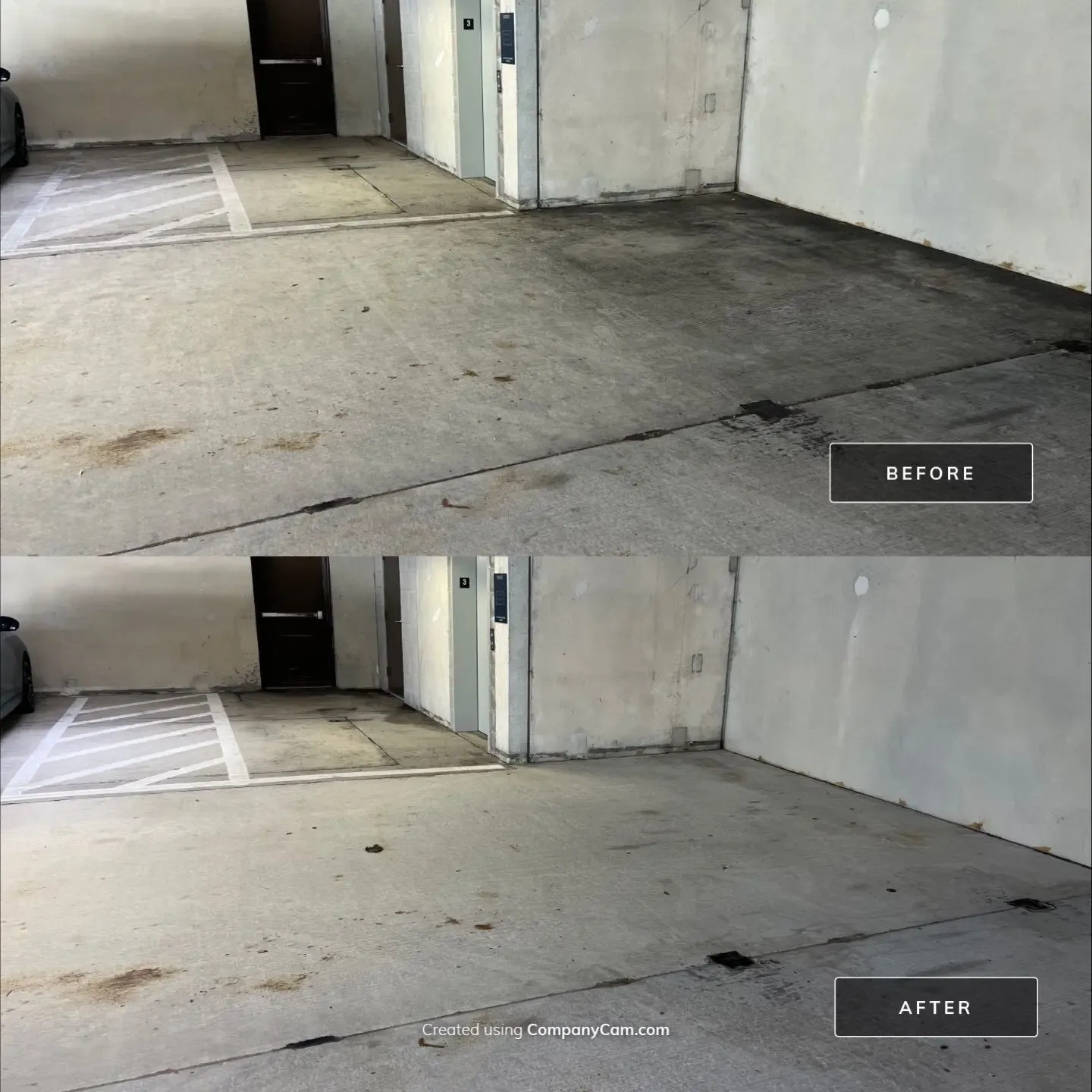 Before and after showing dark grime removed from concrete at a parking garage elevator bay in Plano, TX