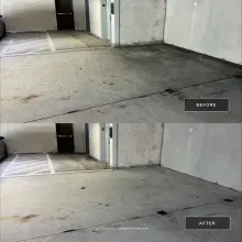 Before and after showing dark grime removed from concrete at a parking garage elevator bay in Plano, TX