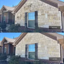 Before and after house wash of a stained limestone front gable restored to uniform cream stone in Allen, TX