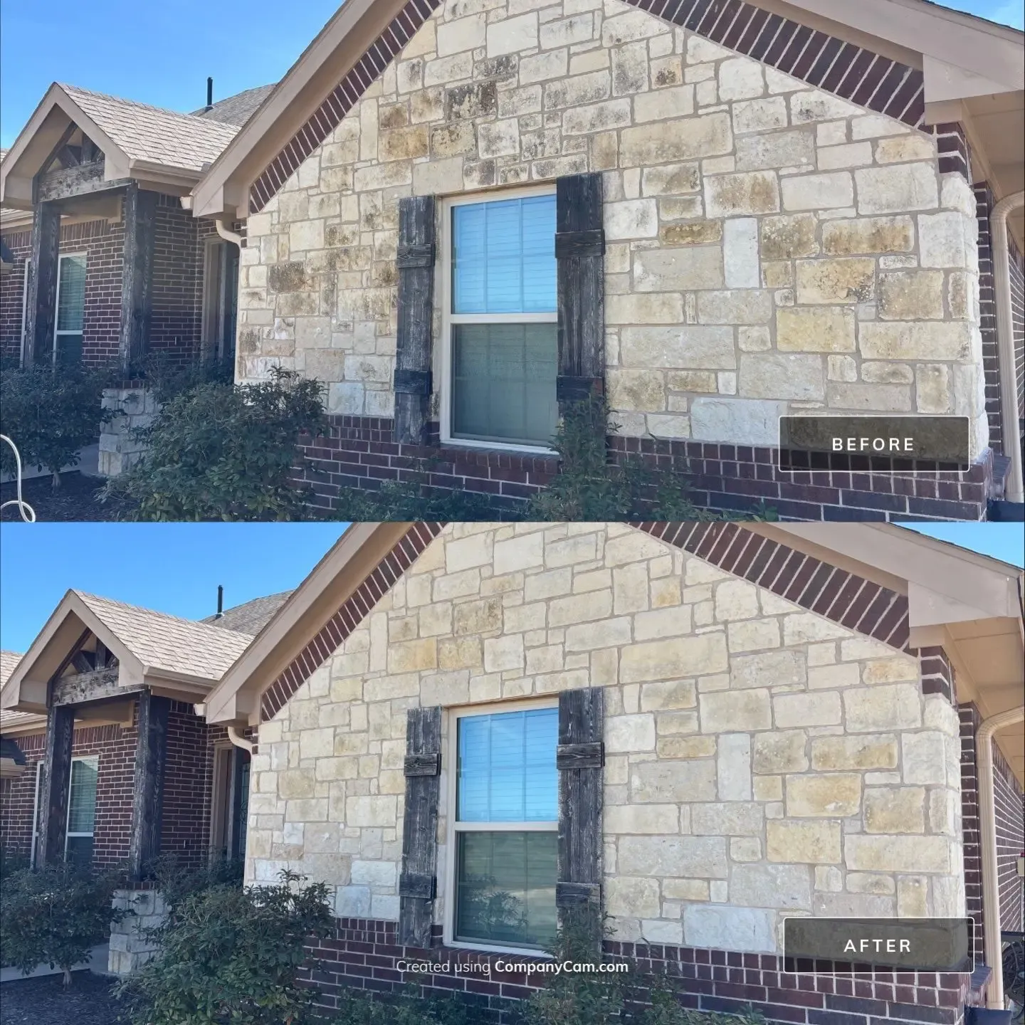 Before and after house wash of a stained limestone front gable restored to uniform cream stone in Allen, TX
