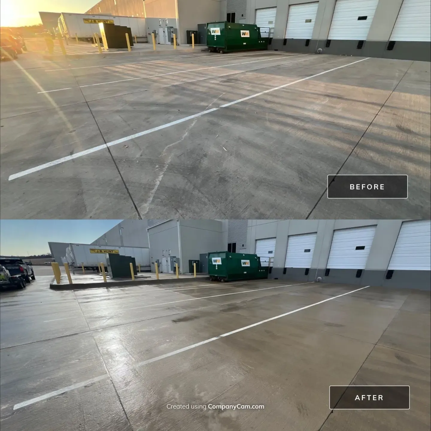 Before and after of warehouse loading dock concrete cleaned of tire marks and grime in Richardson, TX