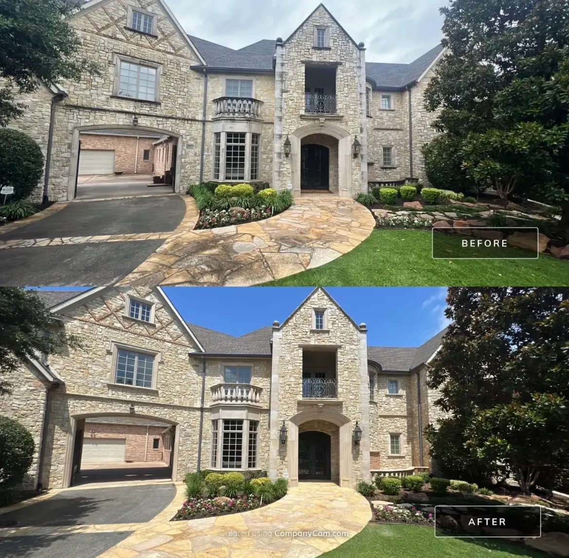 Before and after soft wash of a large two story stone home with brightened exterior and flagstone walkway in Allen, TX