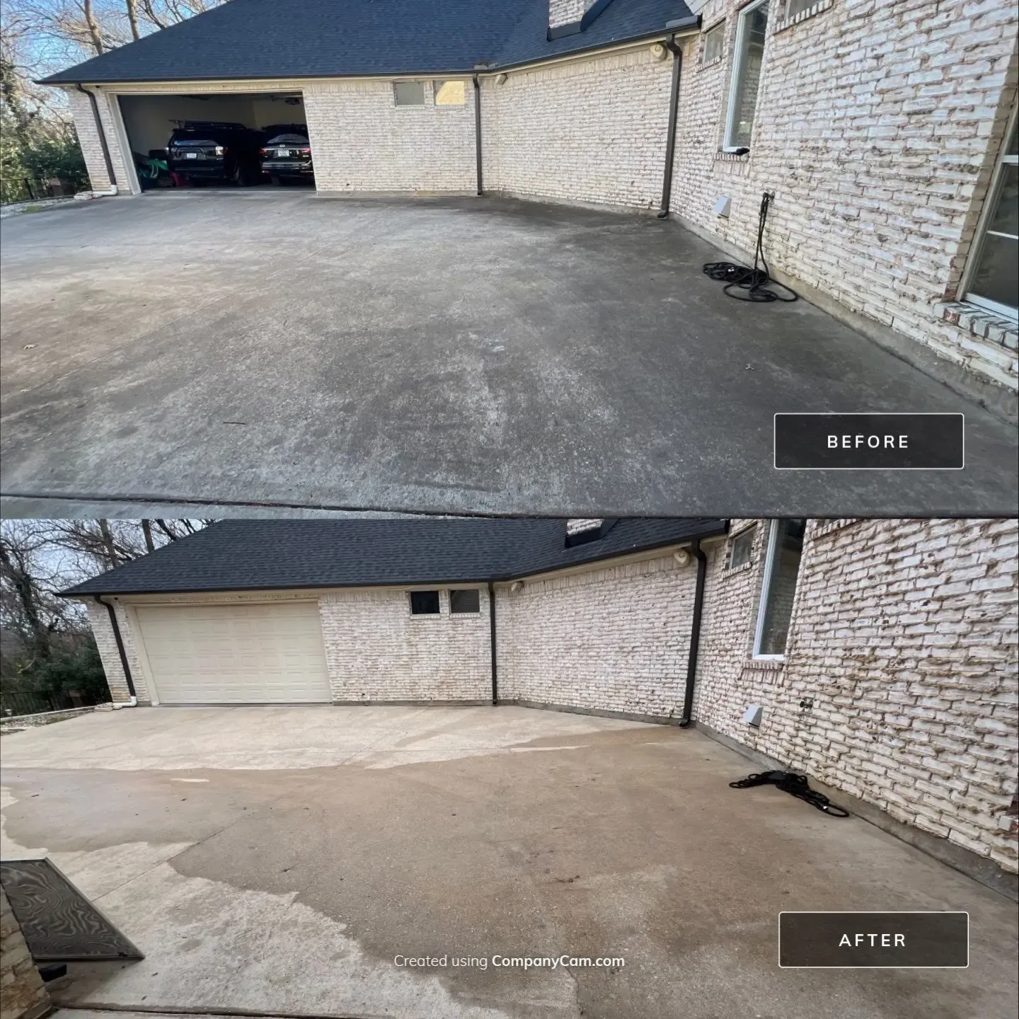 Before and after pressure washing of a concrete motor court beside a whitewashed brick garage in Plano, TX