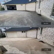 Before and after pressure washing of a concrete motor court beside a whitewashed brick garage in Plano, TX