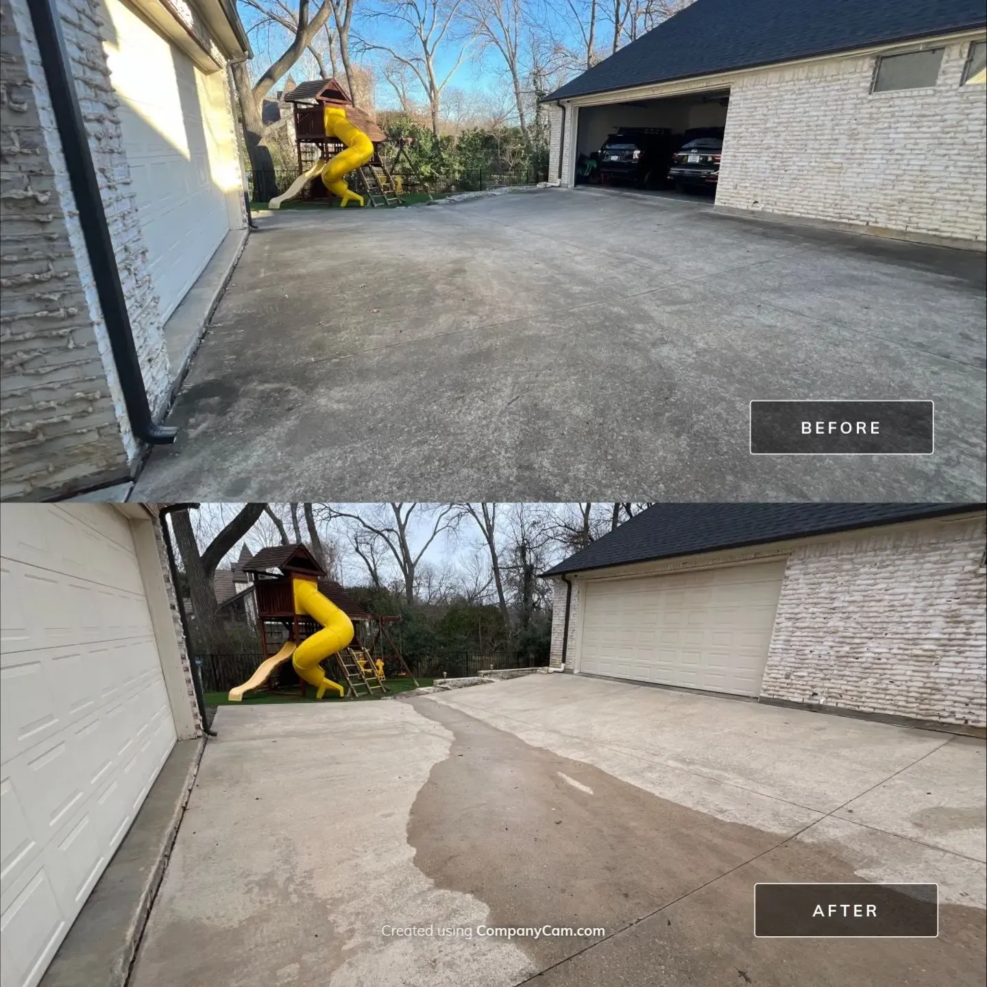 Before and after concrete motor court cleaning between two garages at a whitewashed brick home in Dallas, TX