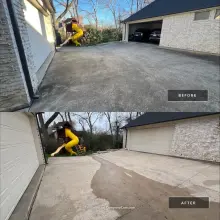 Before and after concrete motor court cleaning between two garages at a whitewashed brick home in Dallas, TX