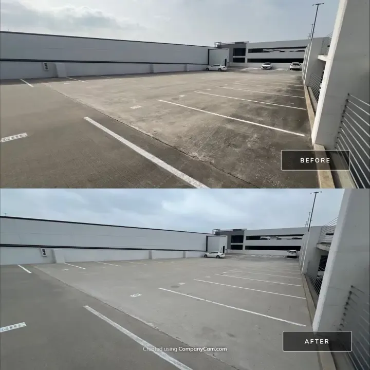 Before and after pressure washing of an upper parking garage deck, stained stall concrete cleaned to a uniform finish in Allen, TX