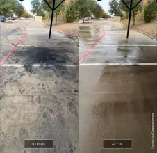Before and after removing heavy stains from a commercial parking lot in Frisco, TX