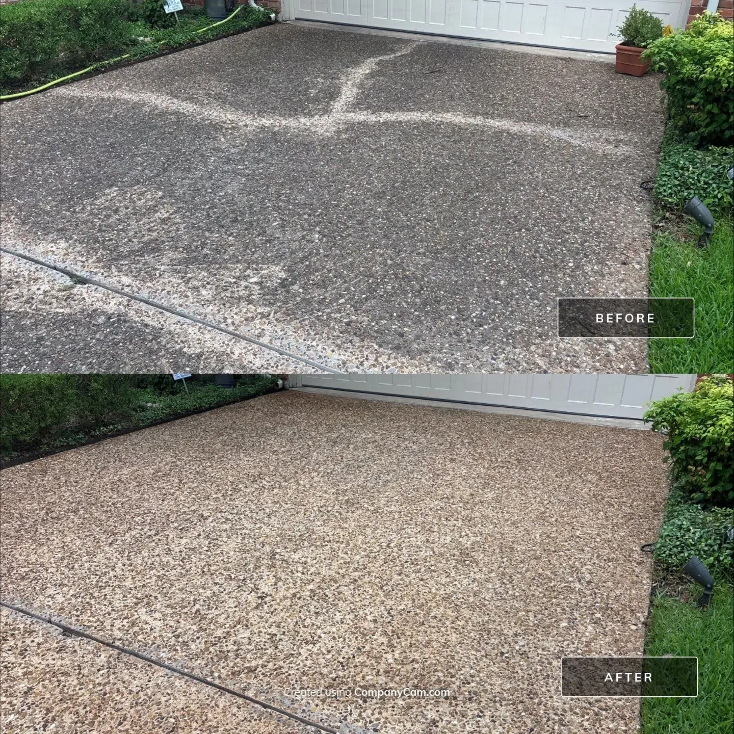 Before and after exposed aggregate pebble driveway pressure washing in front of a white garage door in Richardson, TX