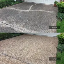 Before and after exposed aggregate pebble driveway pressure washing in front of a white garage door in Richardson, TX