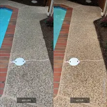 Before and after washing of a pebble aggregate pool deck with brick border, grime removed to brighten the stone in Plano, TX