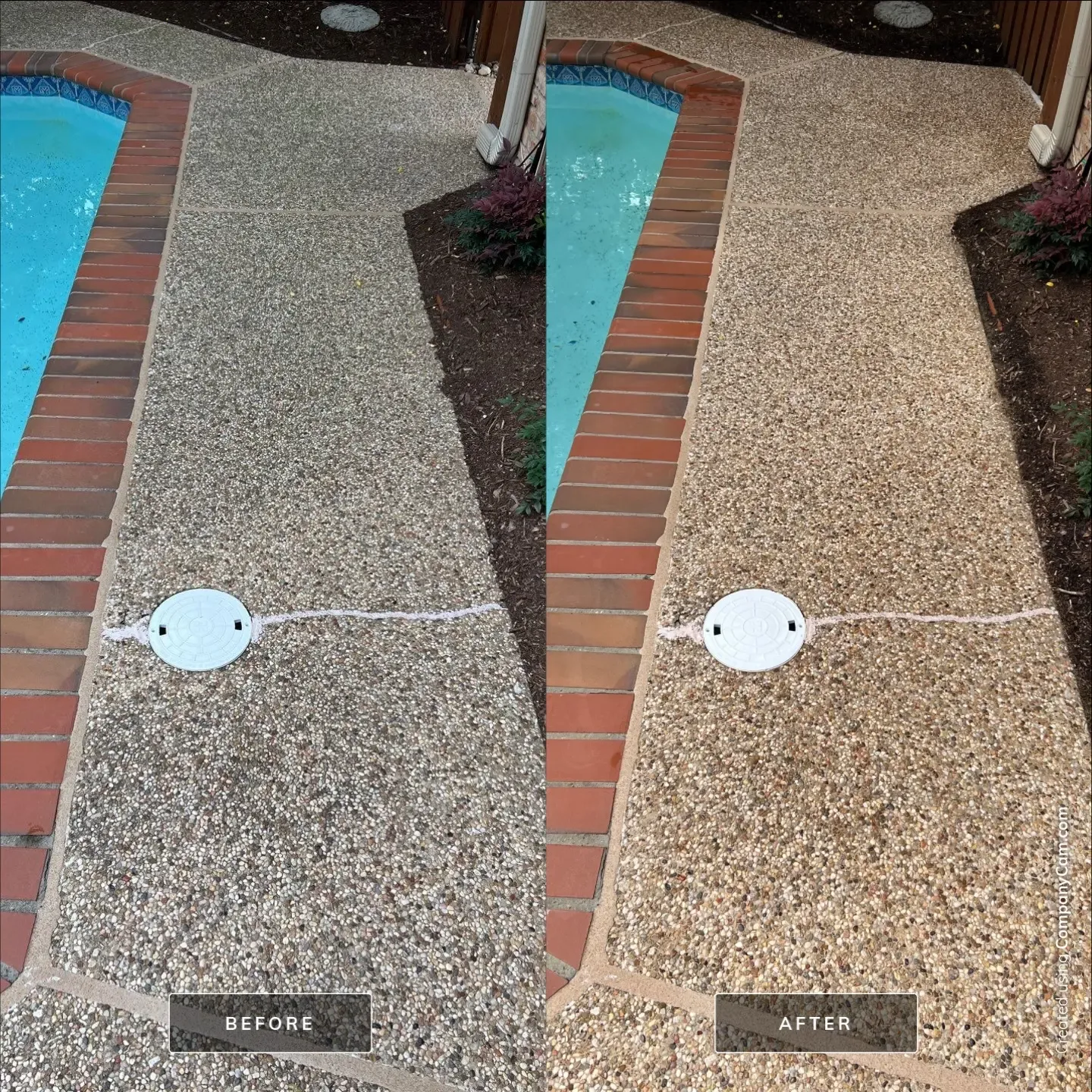 Before and after washing of a pebble aggregate pool deck with brick border, grime removed to brighten the stone in Plano, TX