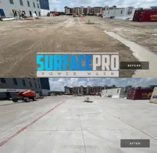 Before and after post construction cleaning of a concrete lot at a new apartment build, dirt covered slab restored to bright clean concrete in McKinney, TX