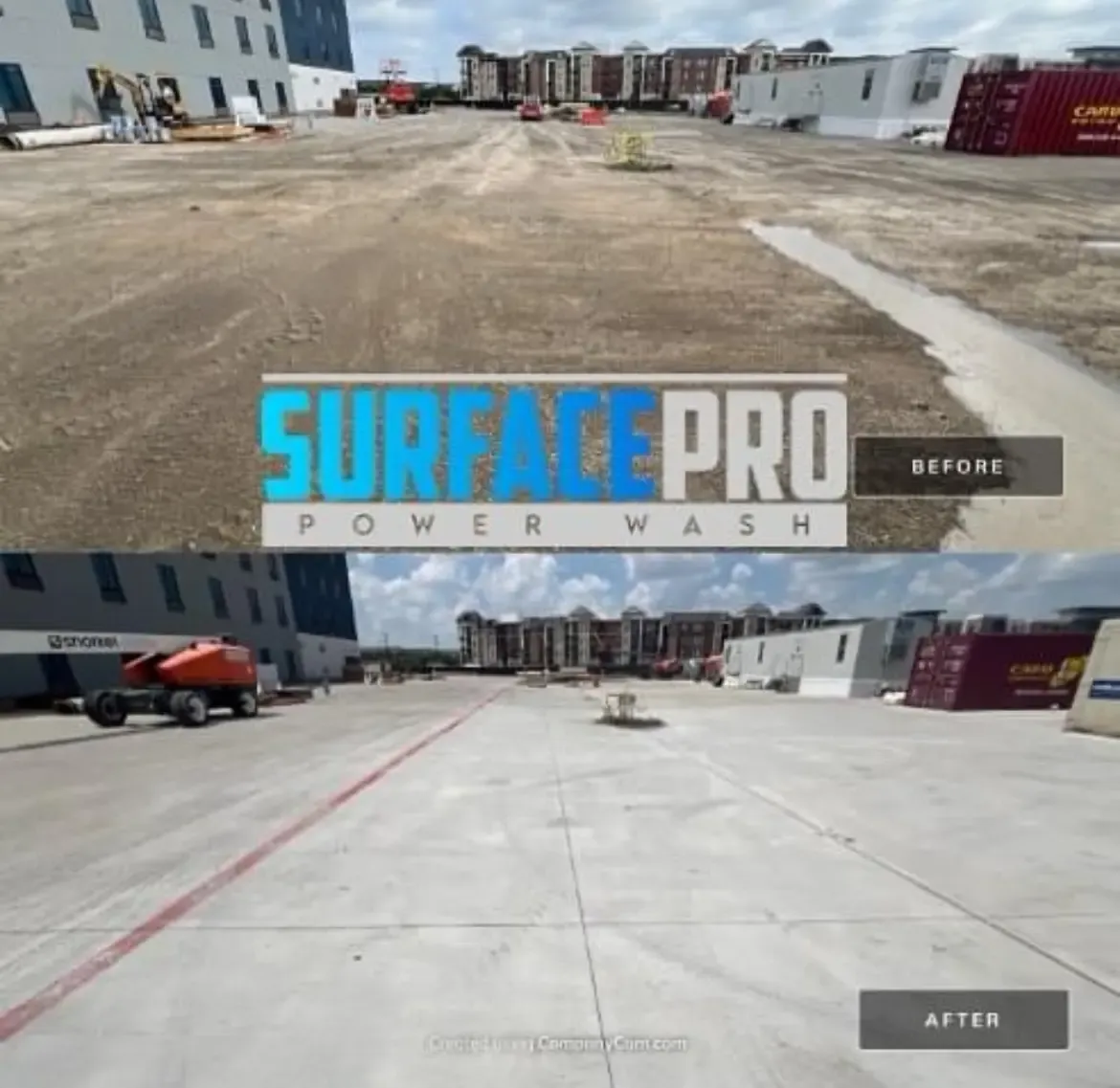 Before and after post construction cleaning of a concrete lot at a new apartment build, dirt covered slab restored to bright clean concrete in McKinney, TX