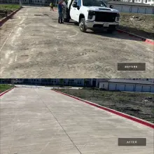 Before and after post construction cleaning of a concrete drive lane, tire marked surface washed clean with a bright red fire lane curb in Dallas, TX
