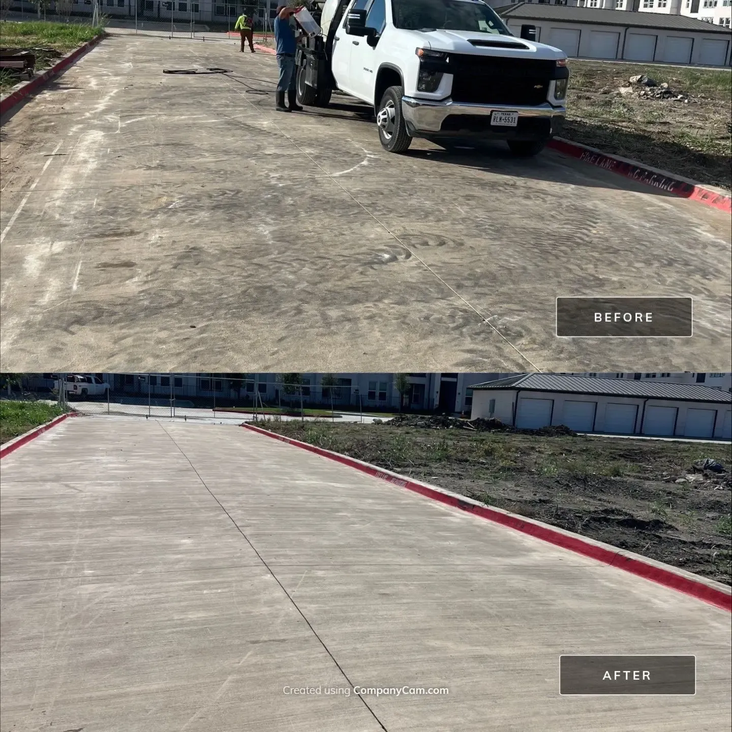Before and after post construction cleaning of a concrete drive lane, tire marked surface washed clean with a bright red fire lane curb in Dallas, TX