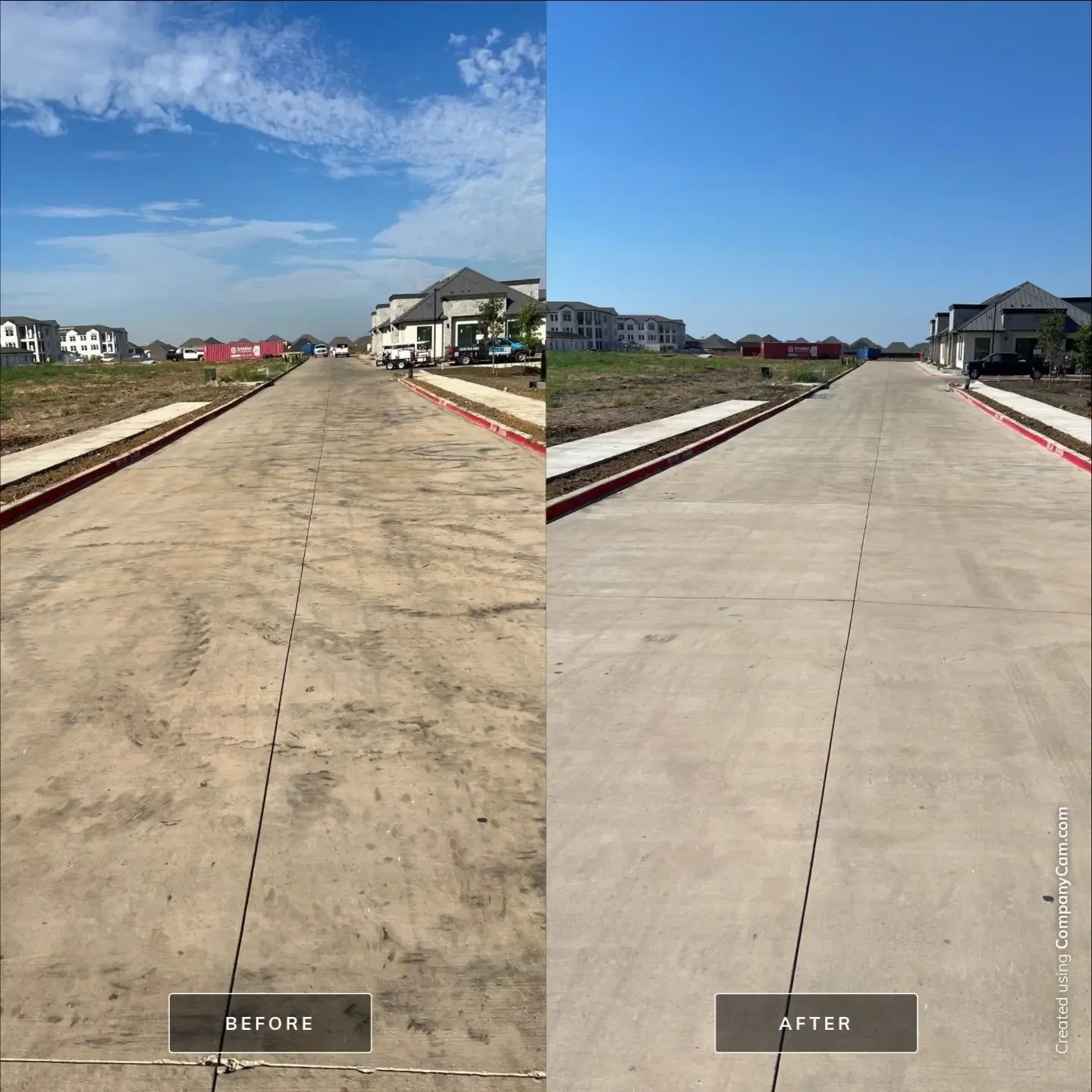 Before and after post construction pressure washing of a concrete fire lane, tire marks and dirt removed to uniform clean concrete in Dallas, TX