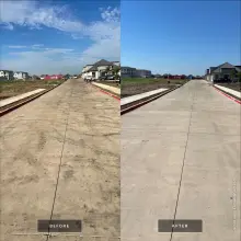 Before and after post construction pressure washing of a concrete fire lane, tire marks and dirt removed to uniform clean concrete in Dallas, TX