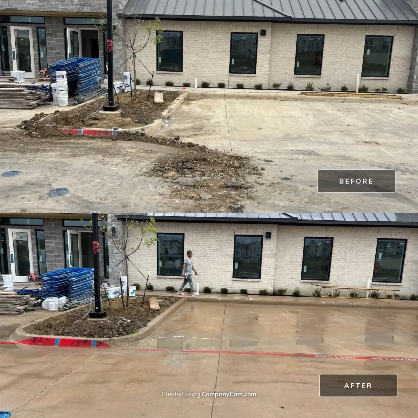 Before and after post construction cleaning of a commercial parking area, dirt and rubble cleared from concrete and washed clean in Frisco, TX