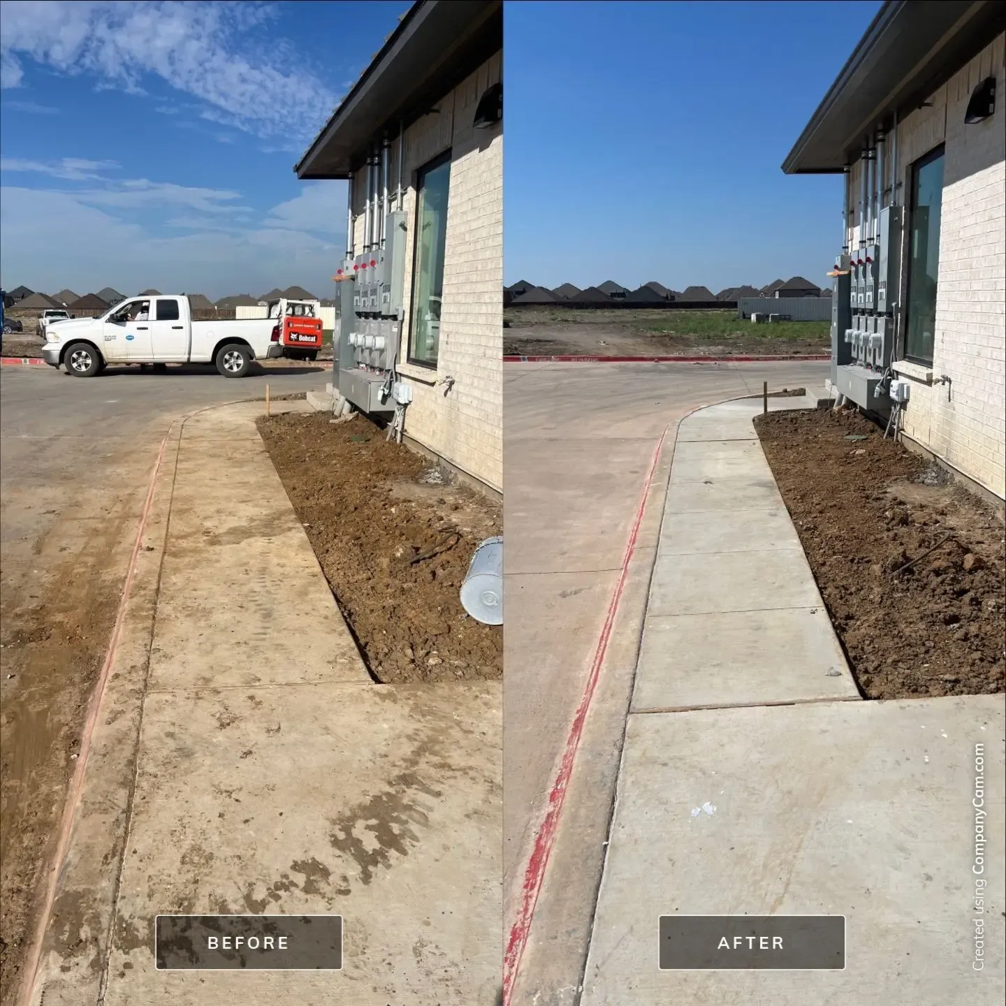 Before and after post construction washing of a curved sidewalk and curb at a new commercial building, mud stains removed from concrete in Allen, TX