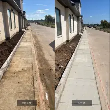 Before and after post construction washing of a sidewalk and concrete drive at a new commercial building, mud caked gutter restored to clean concrete in McKinney, TX