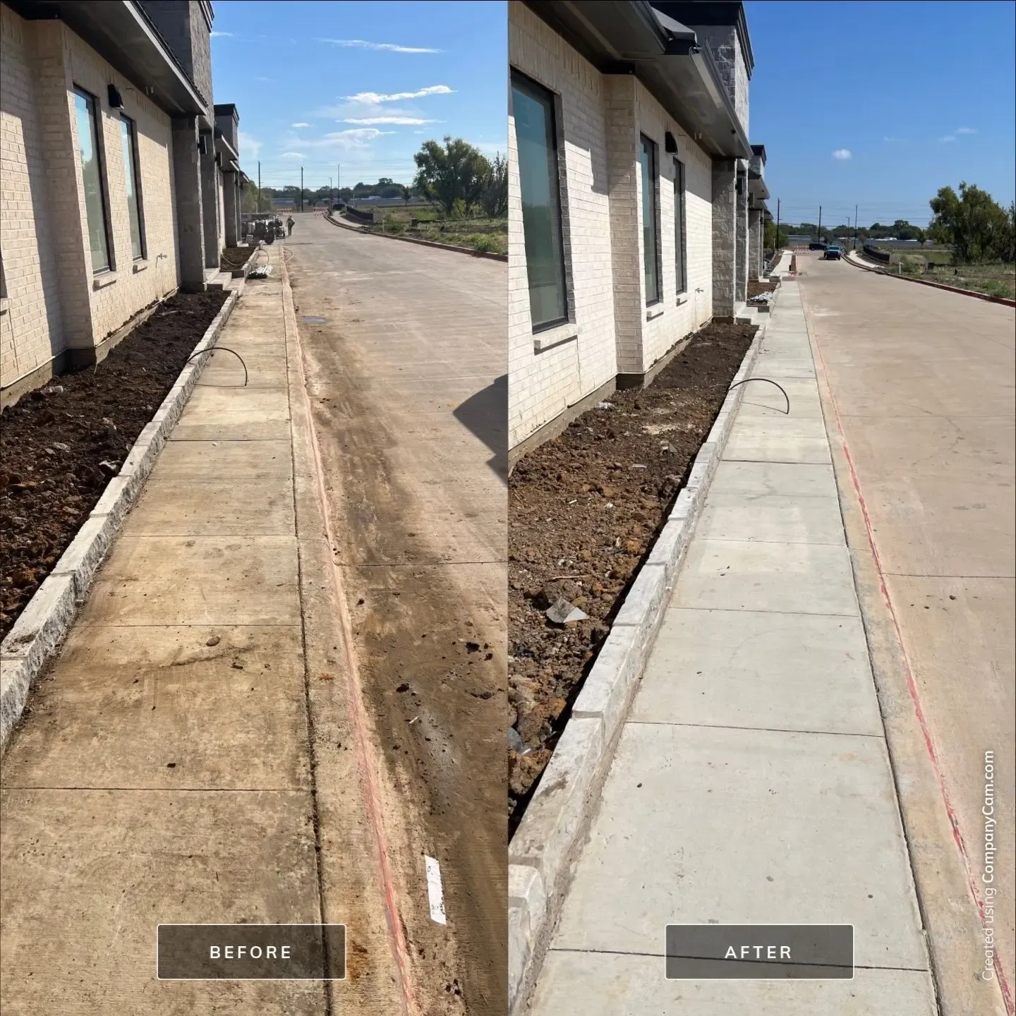Before and after post construction washing of a sidewalk and concrete drive at a new commercial building, mud caked gutter restored to clean concrete in McKinney, TX