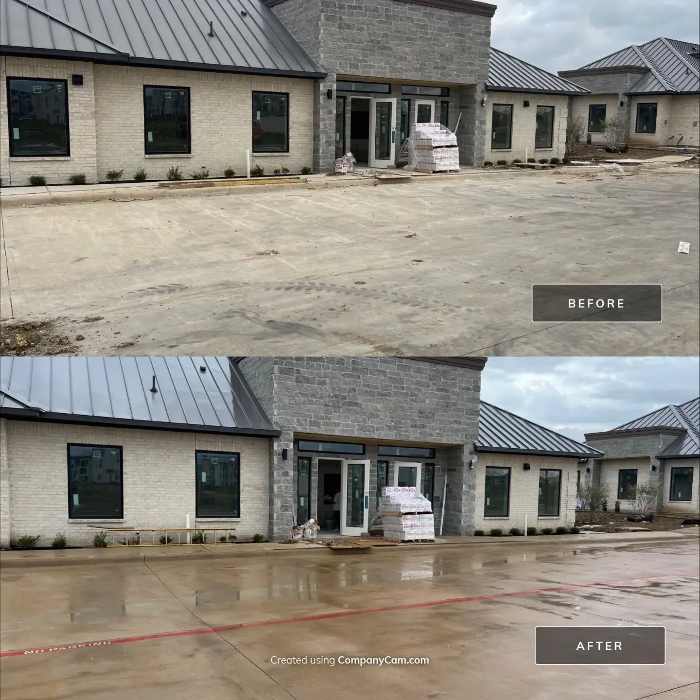 Before and after post construction cleaning of storefront concrete at a new commercial building, dusty tire tracked pavement washed clean in Dallas, TX
